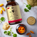 Solgar Formula VM-75 iconos vegan y kosher en la etiqueta.