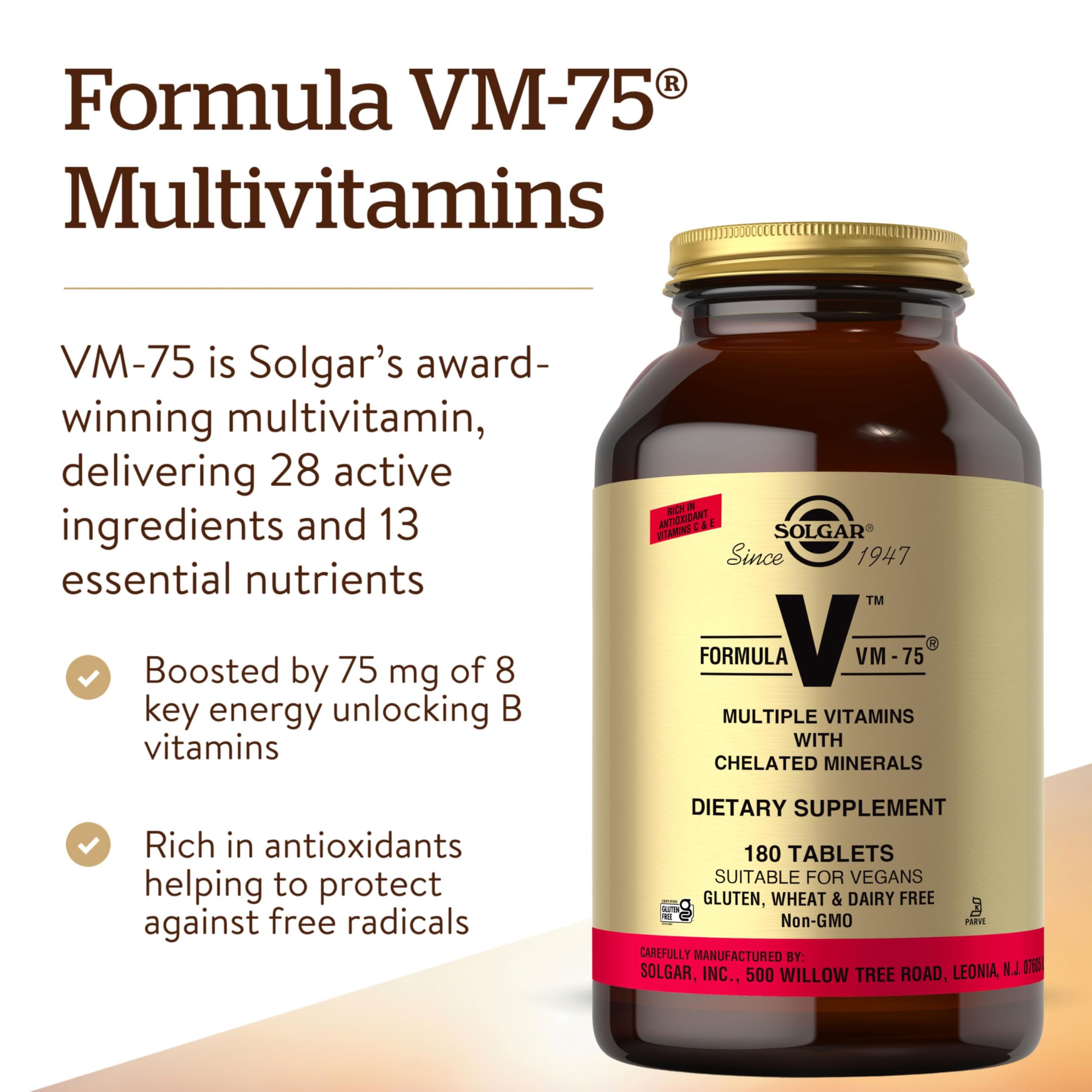 Solgar Formula VM-75 tabletas en primer plano, multivitamínico integral.
