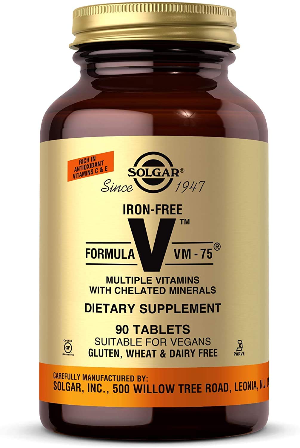 Solgar VM-75, tableta visible, multivitamínico con minerales quelados para uso diario.