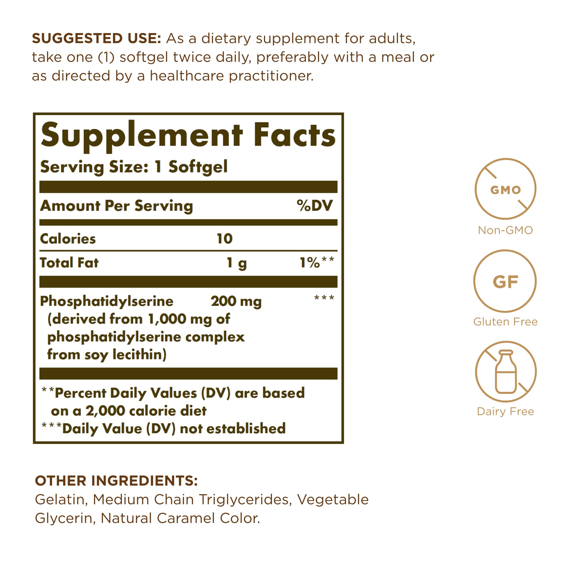 Solgar Fosfatidilserina 200 mg softgels, etiqueta frontal para identificar la fórmula