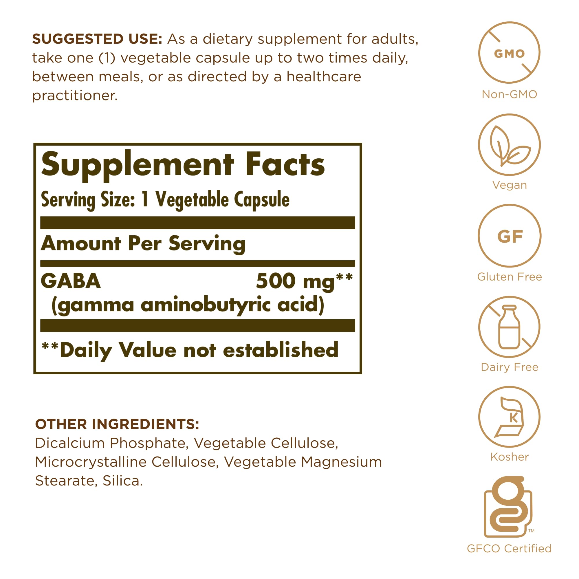 Solgar GABA 500 mg etiqueta: lista de alérgenos sin gluten.