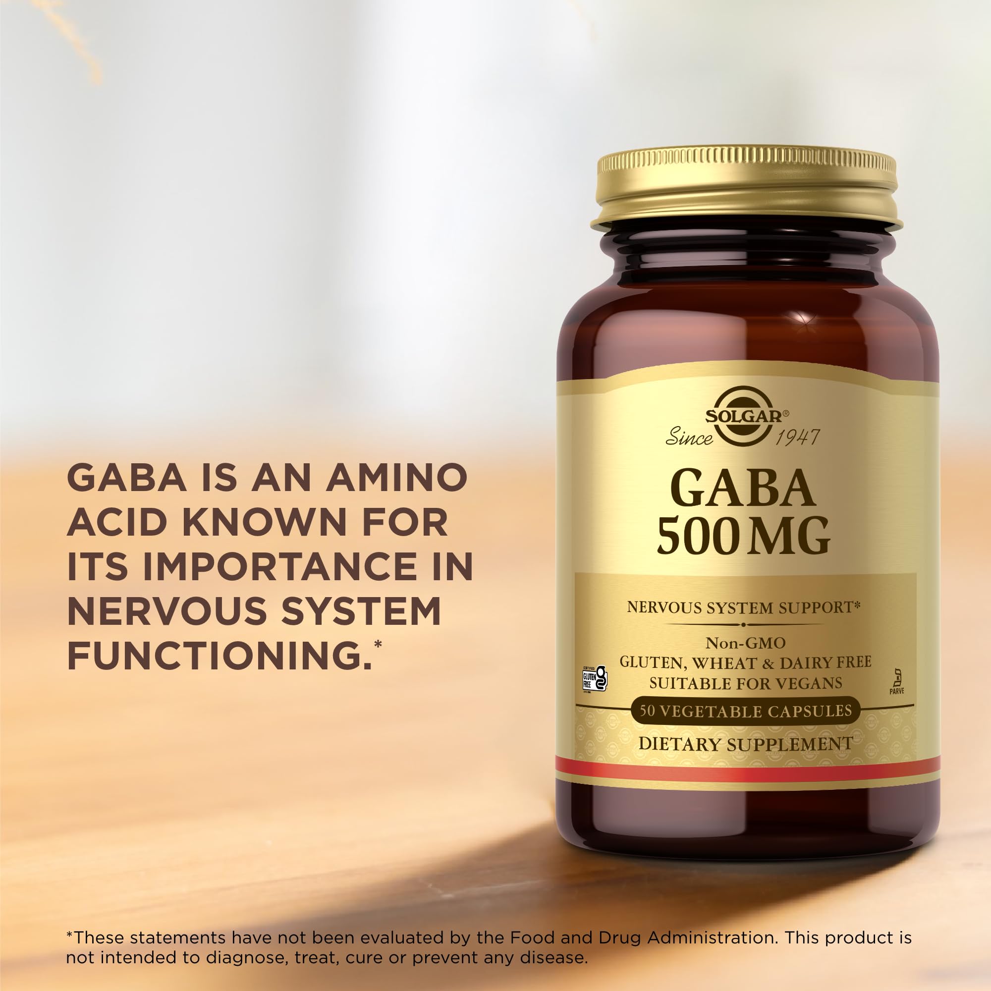 Solgar GABA 500 mg uso nocturno: apoyo suave para la noche.