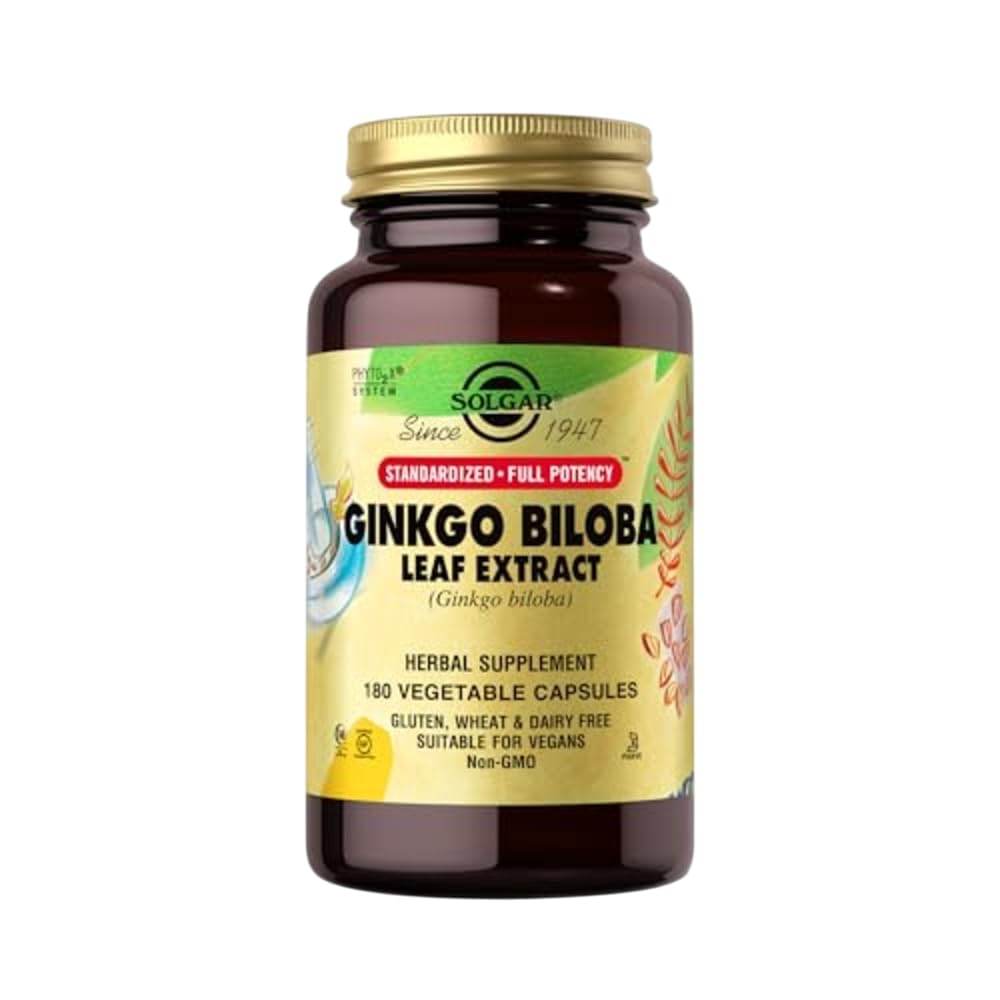 Solgar Ginkgo Biloba frasco 180 cápsulas para uso diario, posible apoyo cognitivo.