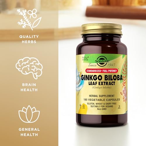 Solgar Ginkgo Biloba frasco 180 cápsulas, fórmula estandarizada de alta potencia.