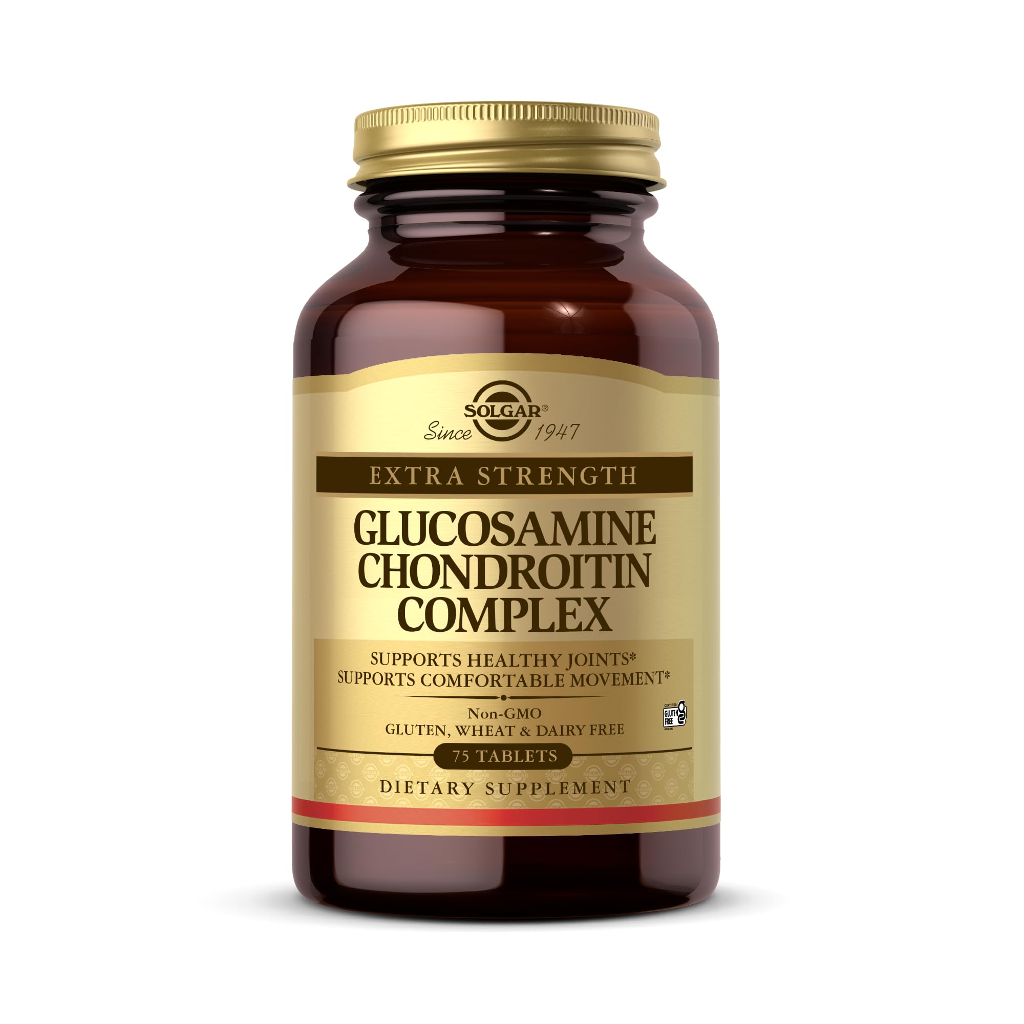 Solgar Glucosamina Condroitina, botella visible, muestra suplemento para movilidad y confort articular.