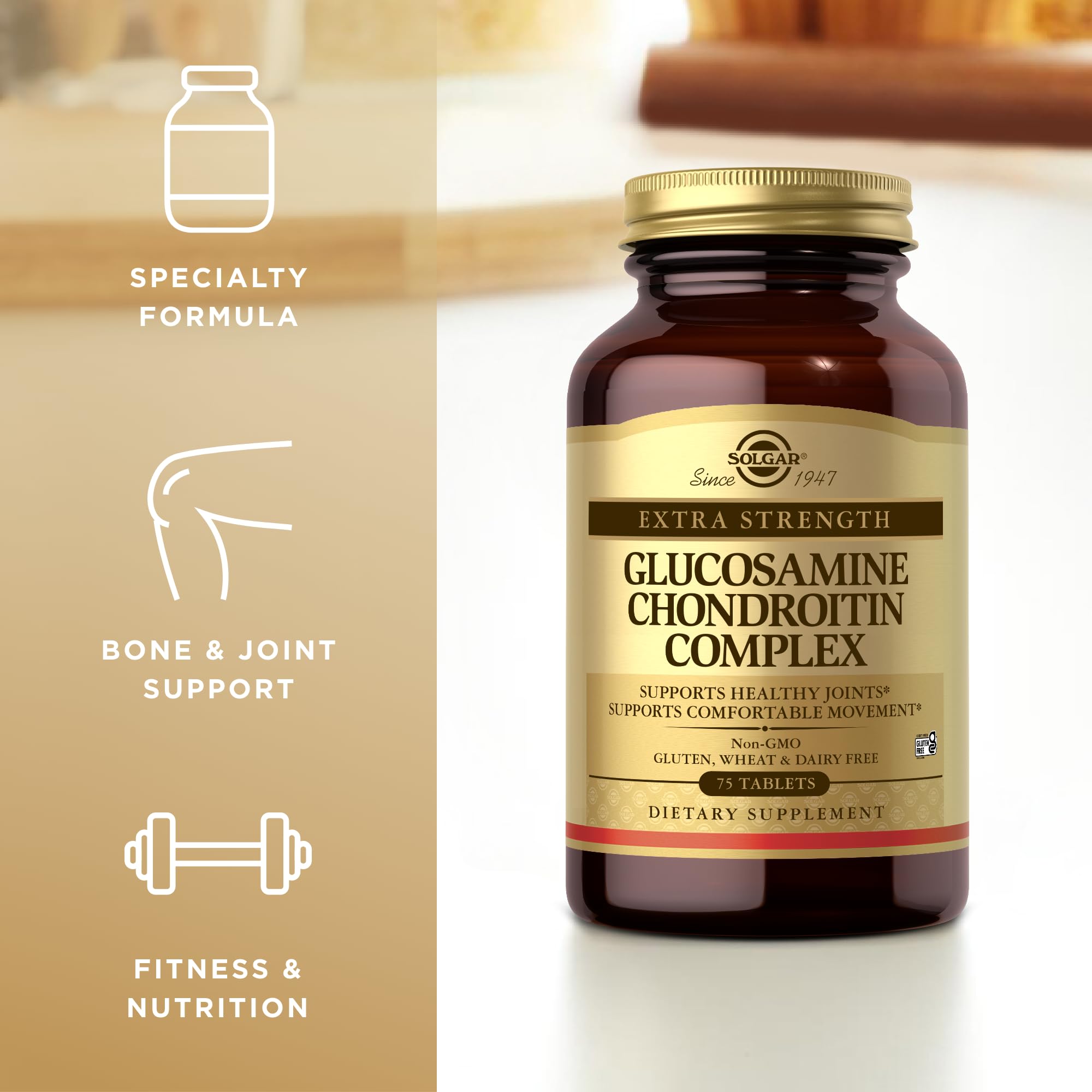 Solgar Glucosamina Condroitina, etiqueta trasera, libre de gluten, trigo y lácteos.