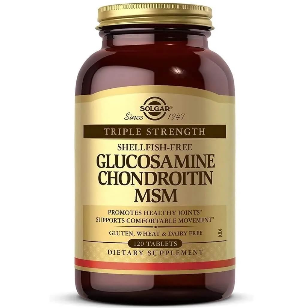 Solgar glucosamina-condroitina MSM, empaque visible, apoyo a articulaciones saludables