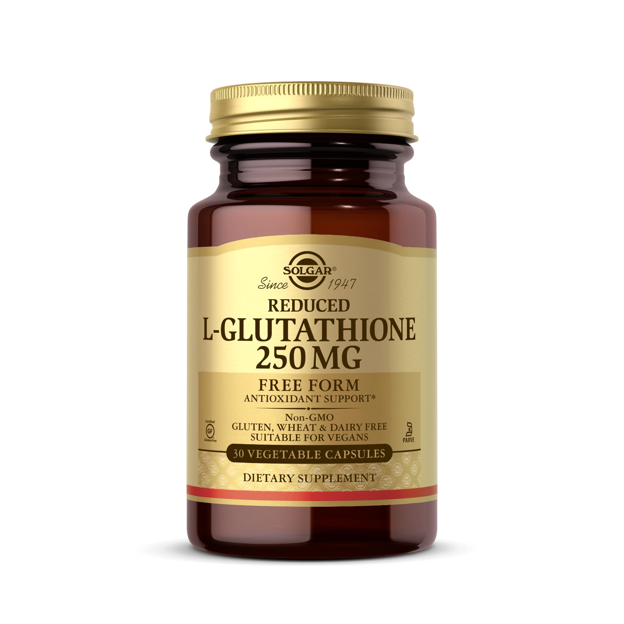 Solgar Glutatión Reducido 250 mg en botella, apoyo antioxidante para uso diario.