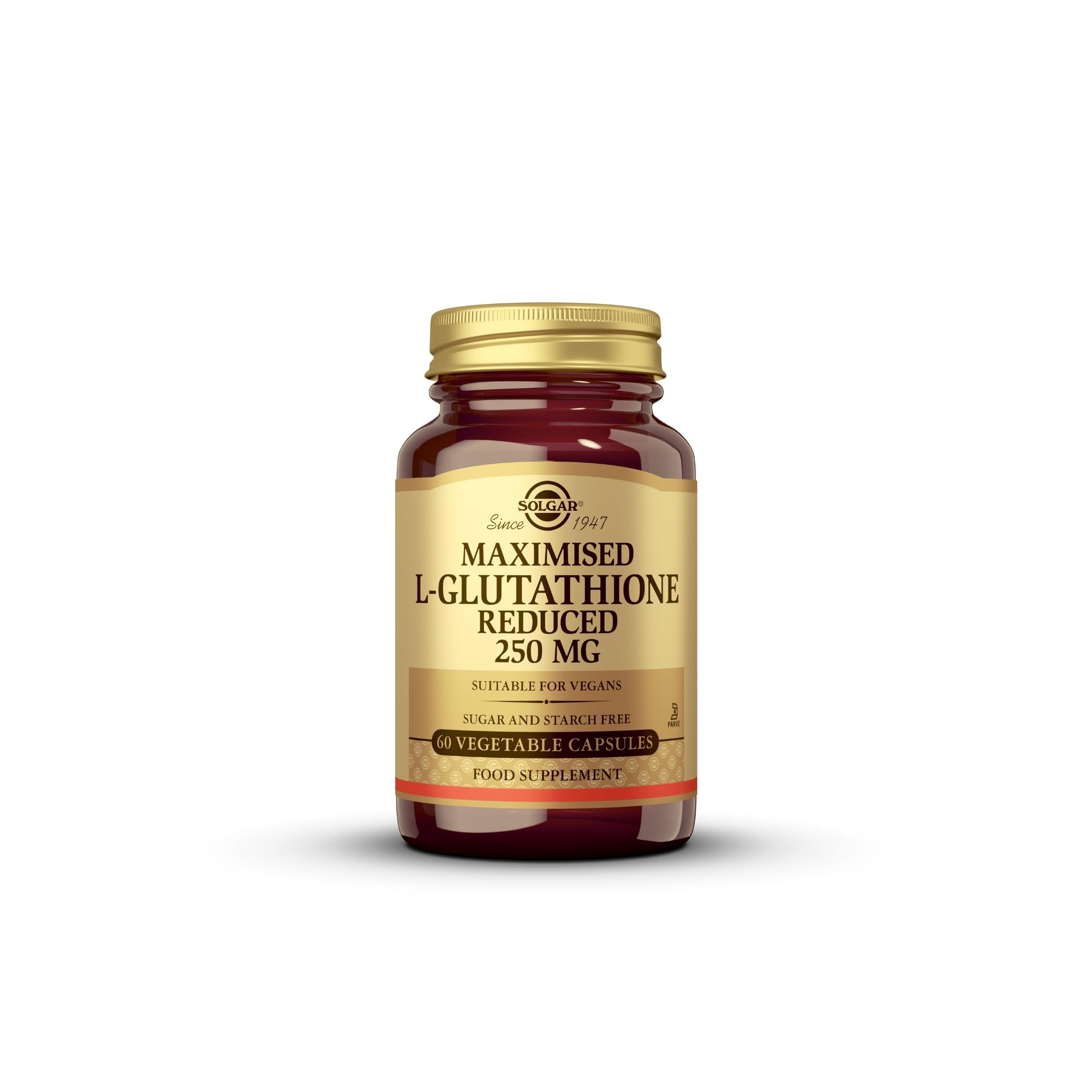 Solgar glutatión reducido 250 mg, botella frontal, soporte antioxidante para el día a día.