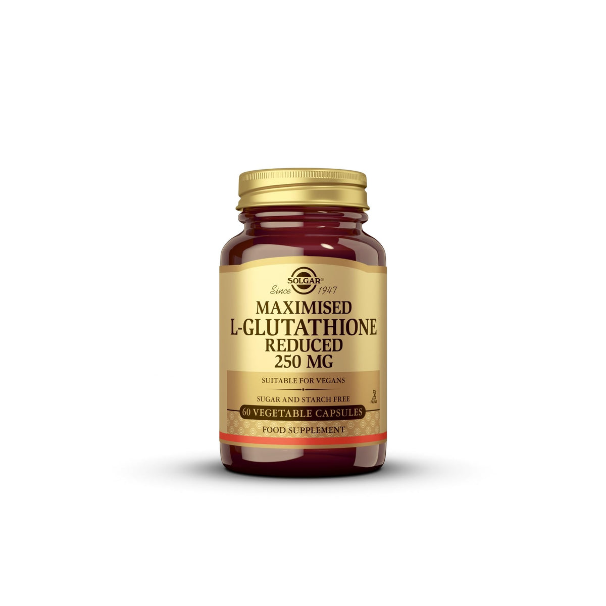 Solgar glutatión reducido 250 mg, botella frontal, soporte antioxidante para el día a día.