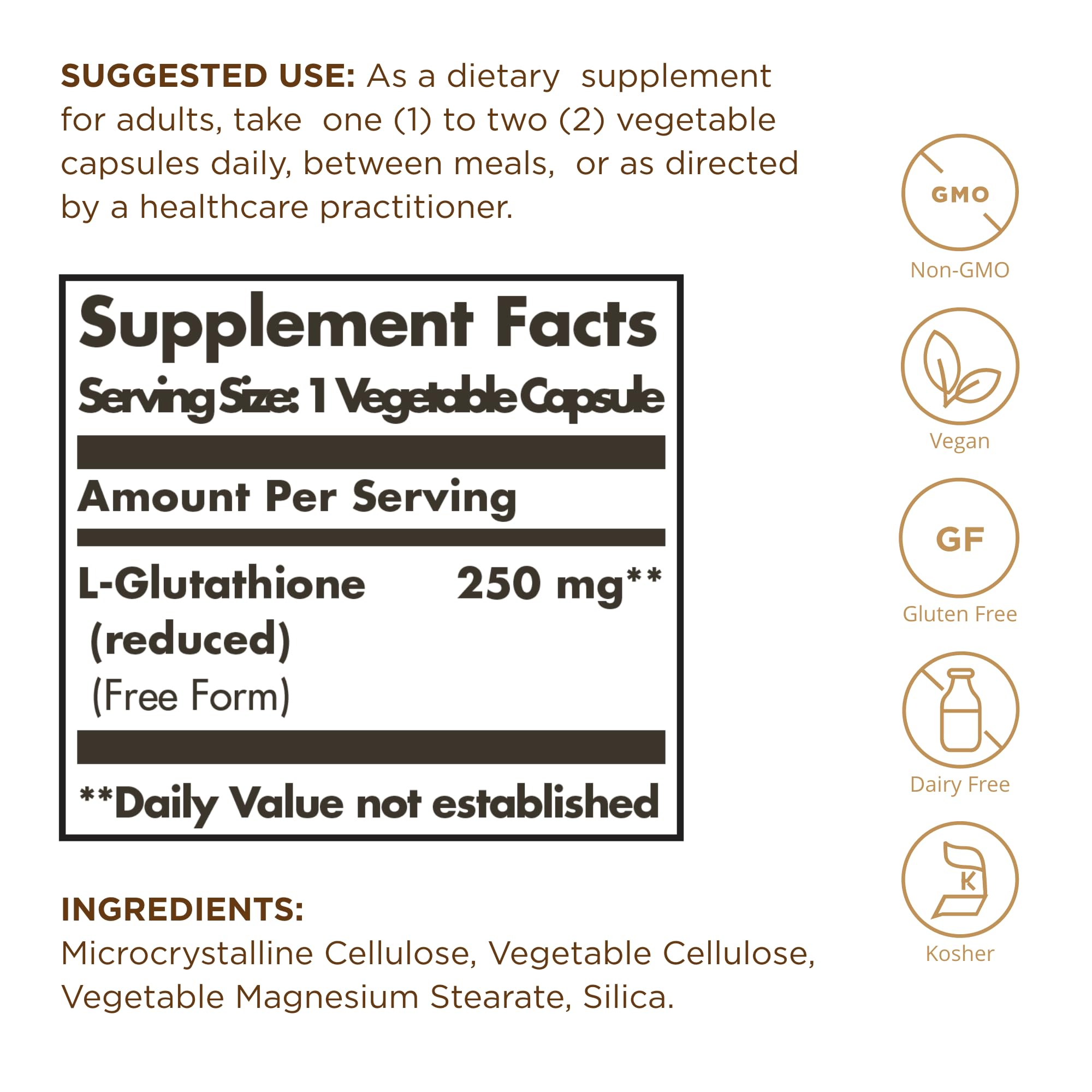 Etiqueta frontal de Solgar Glutatión Reducido 250 mg, fórmula vegana y sin gluten.