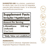 Etiqueta frontal de Solgar Glutatión Reducido 250 mg, fórmula vegana y sin gluten.