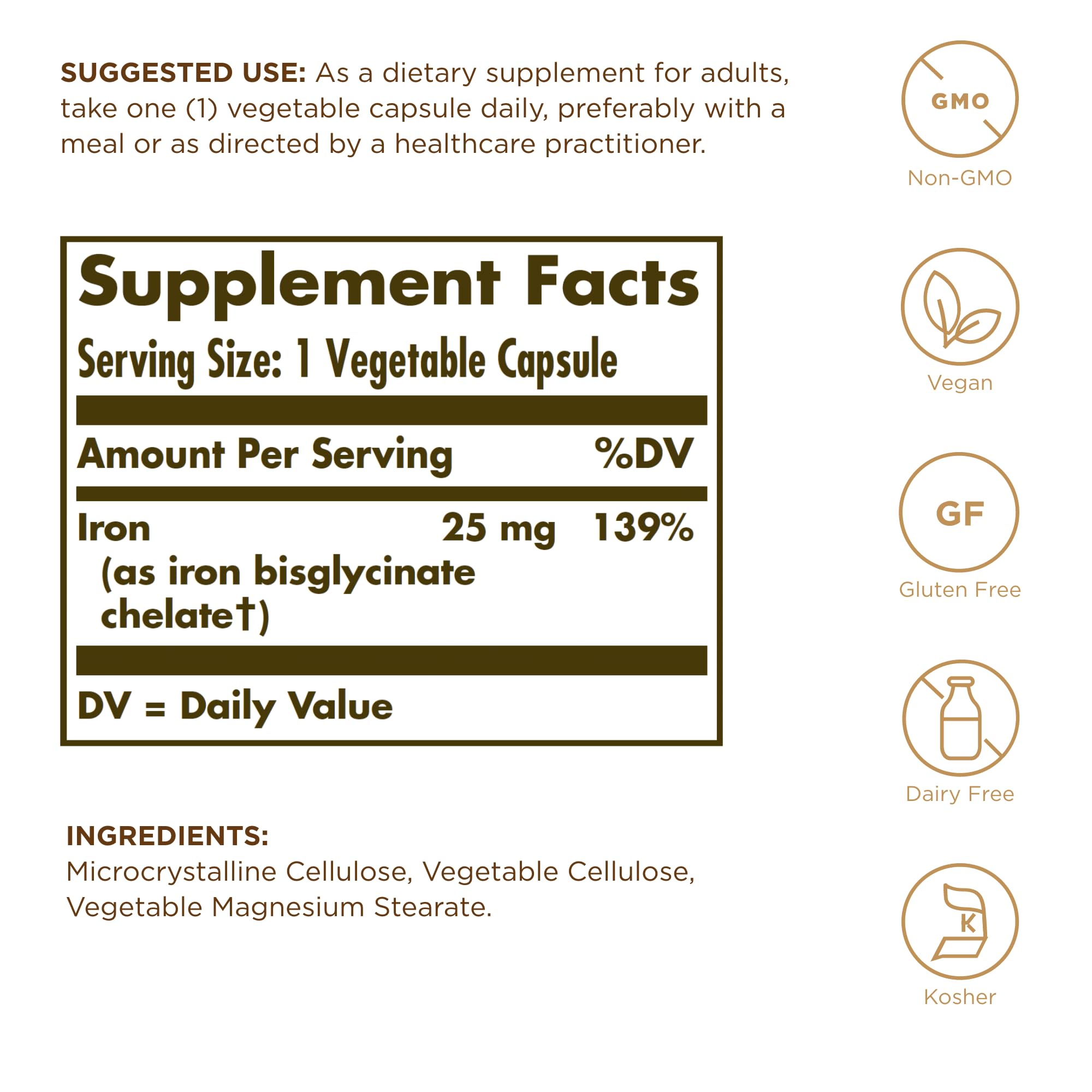 Solgar Hierro Suave, cápsulas de 25 mg para consumo diario.
