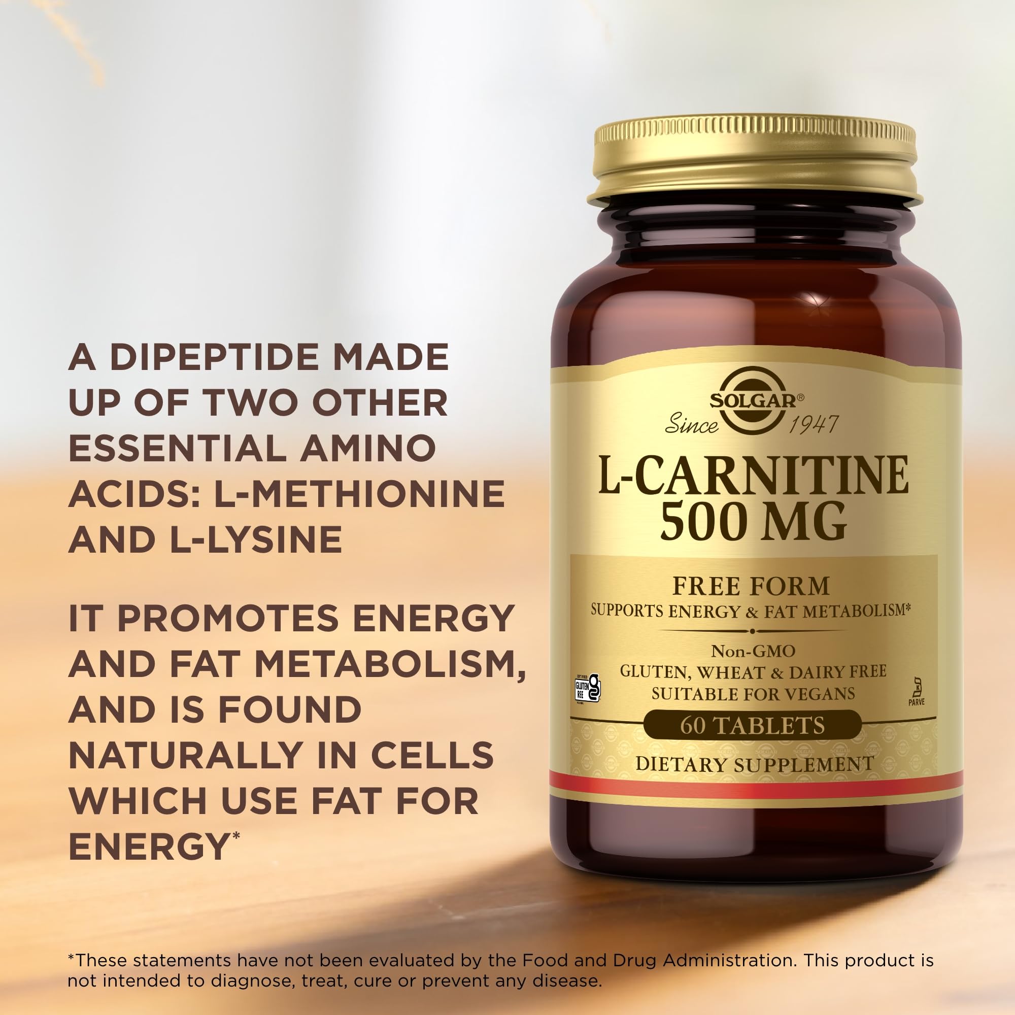 Solgar L-Carnitina 500 mg, dosis diaria, conveniente soporte de energía para rutinas.