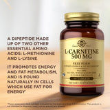 Solgar L-Carnitina 500 mg, dosis diaria, conveniente soporte de energía para rutinas.