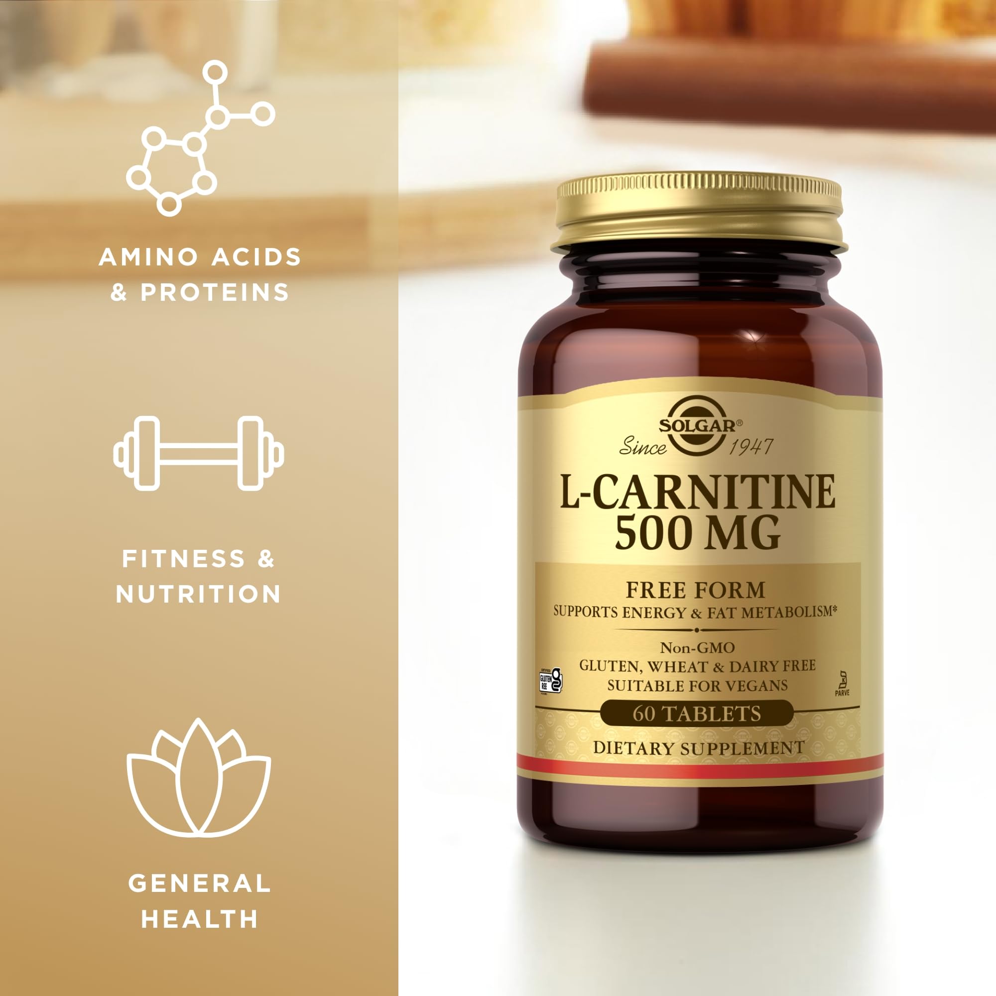 Solgar L-Carnitina 500 mg, envase de vidrio, conservación óptima de las tabletas.