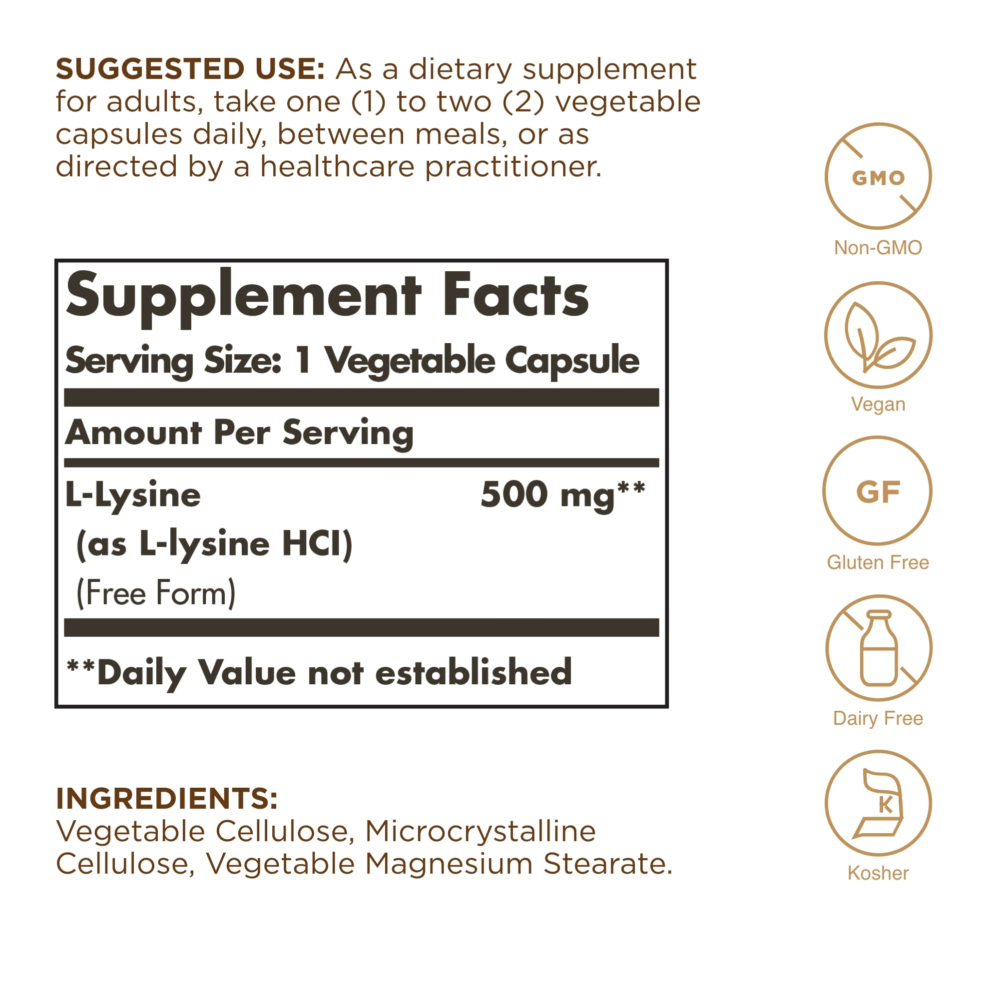 Solgar L-Lisina 500 mg, cápsulas vegetales en primer plano