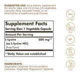 Solgar L-Lisina 500 mg, cápsulas vegetales en primer plano