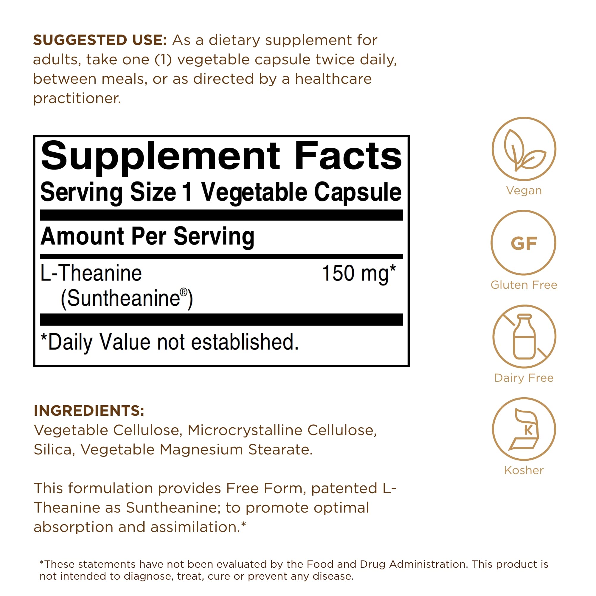 Solgar L-Theanine 150 mg, cápsulas vegetales, dosis diaria fácil de incorporar