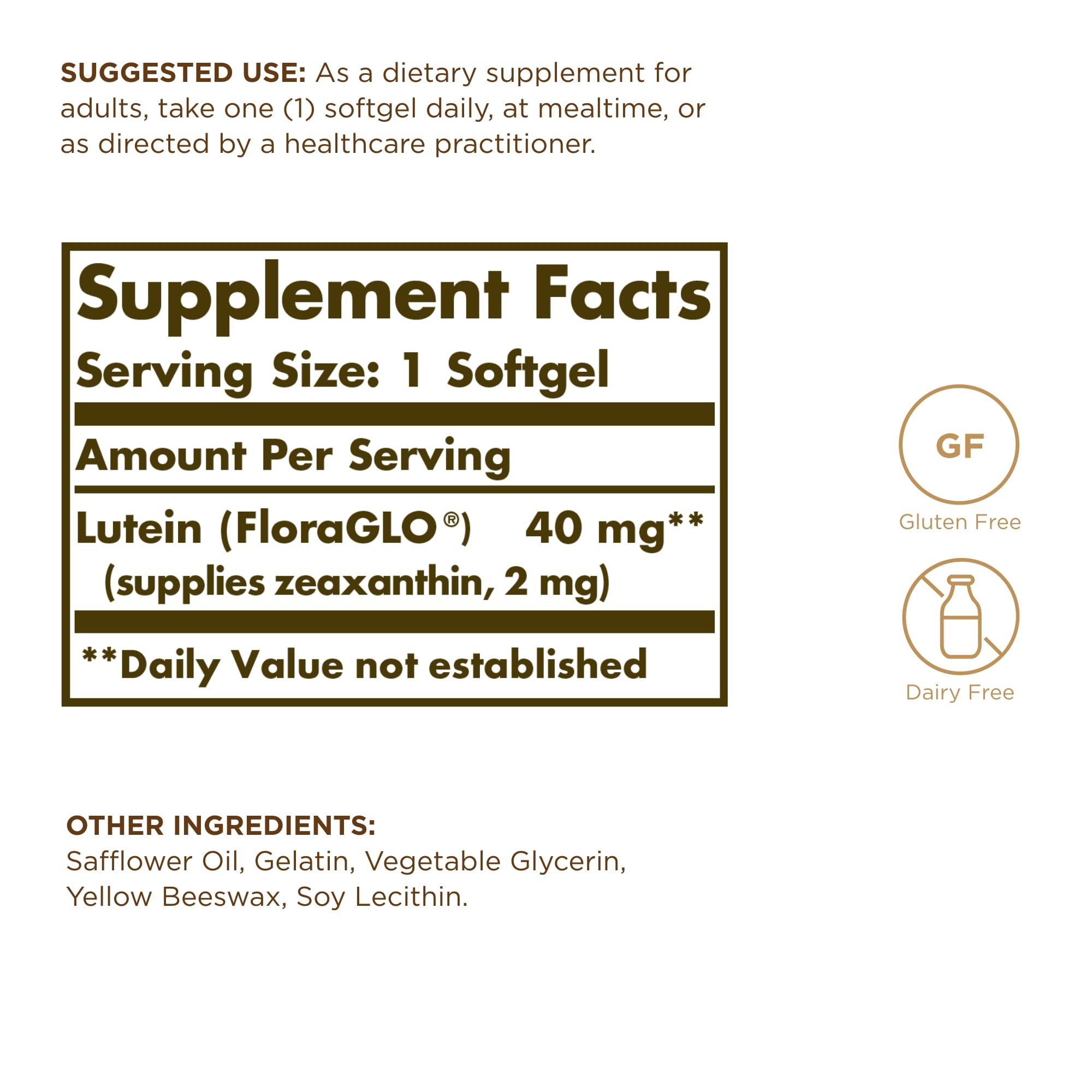 Solgar Lutein 40 mg – etiqueta frontal con filtro de luz azul