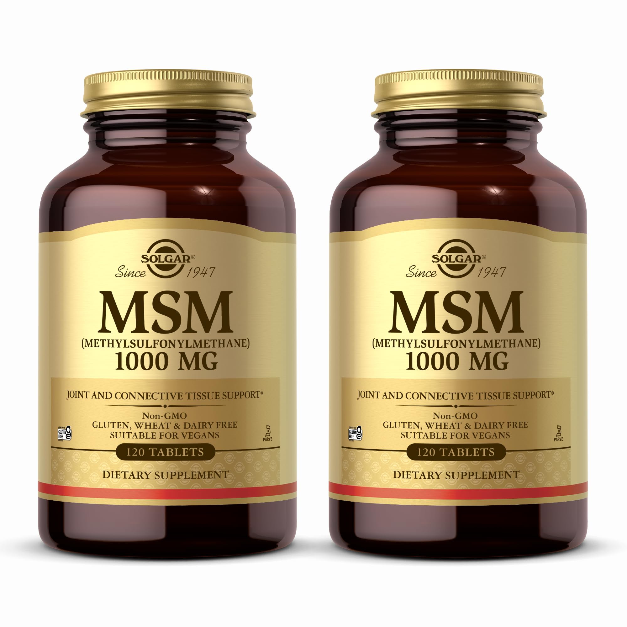 Solgar MSM 1000 mg frasco y etiqueta: soporte para movilidad diaria.