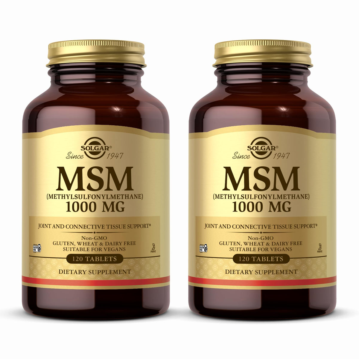 Solgar MSM 1000 mg frasco y etiqueta: soporte para movilidad diaria.