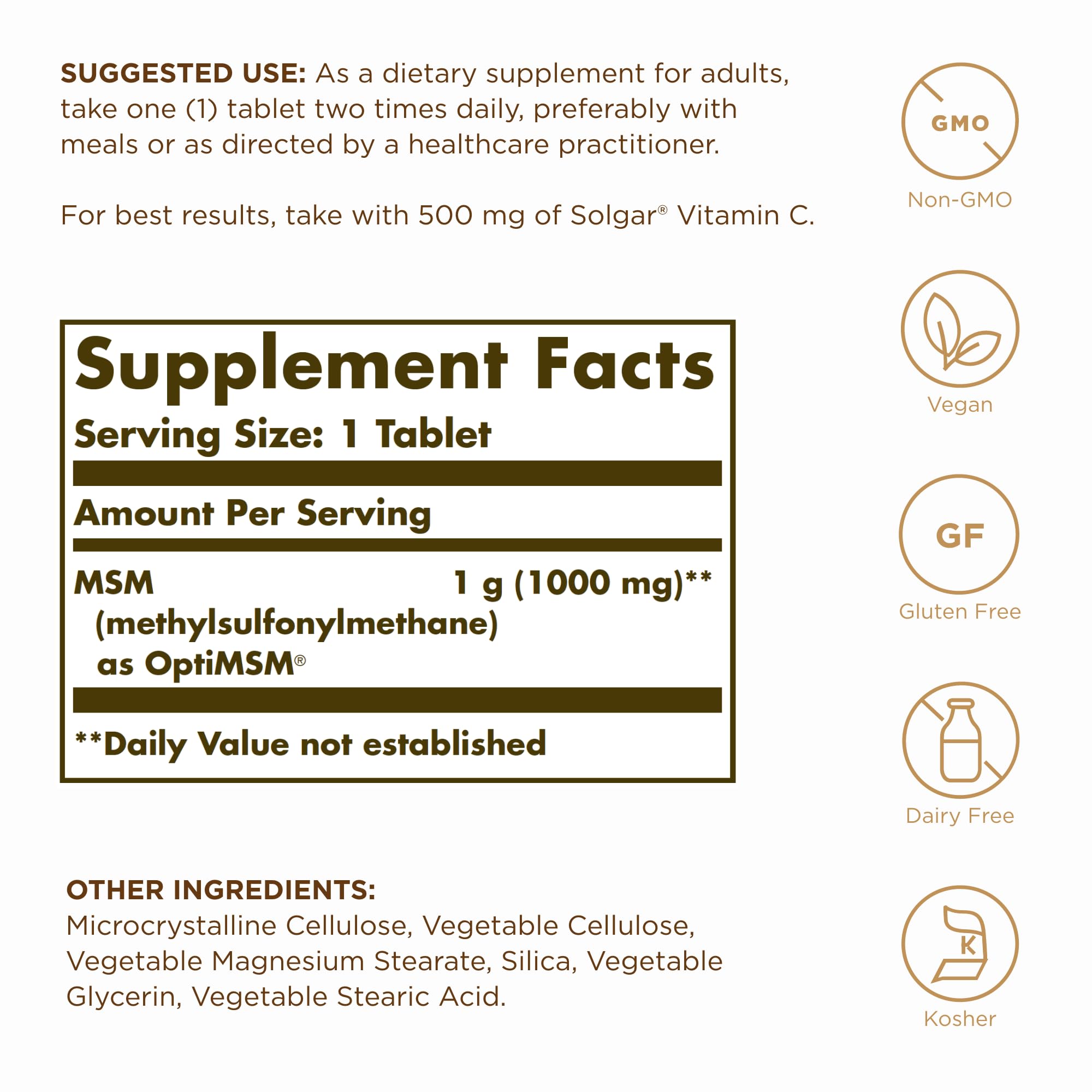 Solgar MSM 1000 mg trasera: información de ingredientes para confianza.