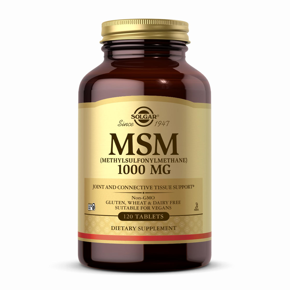 Solgar MSM 1000 mg, empaque frontal mostrando calidad y facilidad de uso.