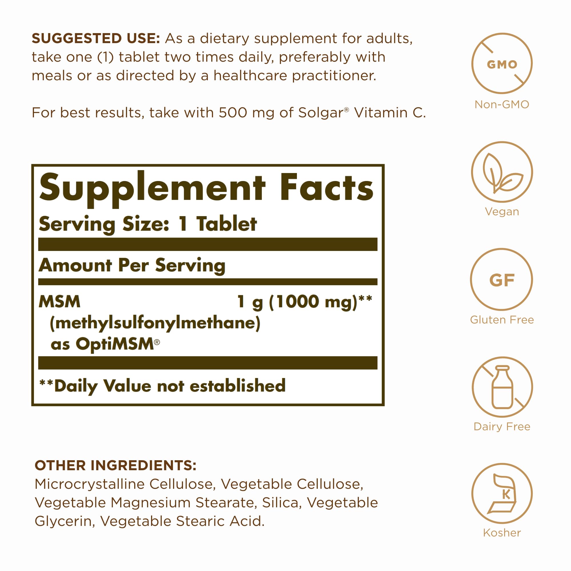 Solgar MSM 1000 mg, vista lateral del empaque con detalles de certificado.
