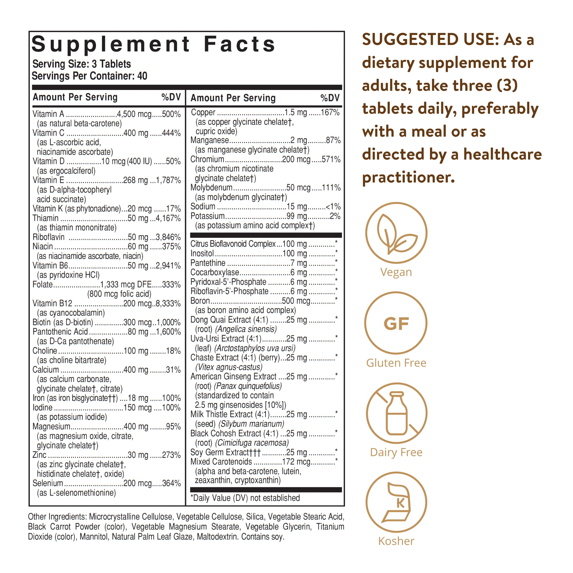 Solgar Multivitaminas para Mujer: botella transparente con tabletas fáciles de tomar.