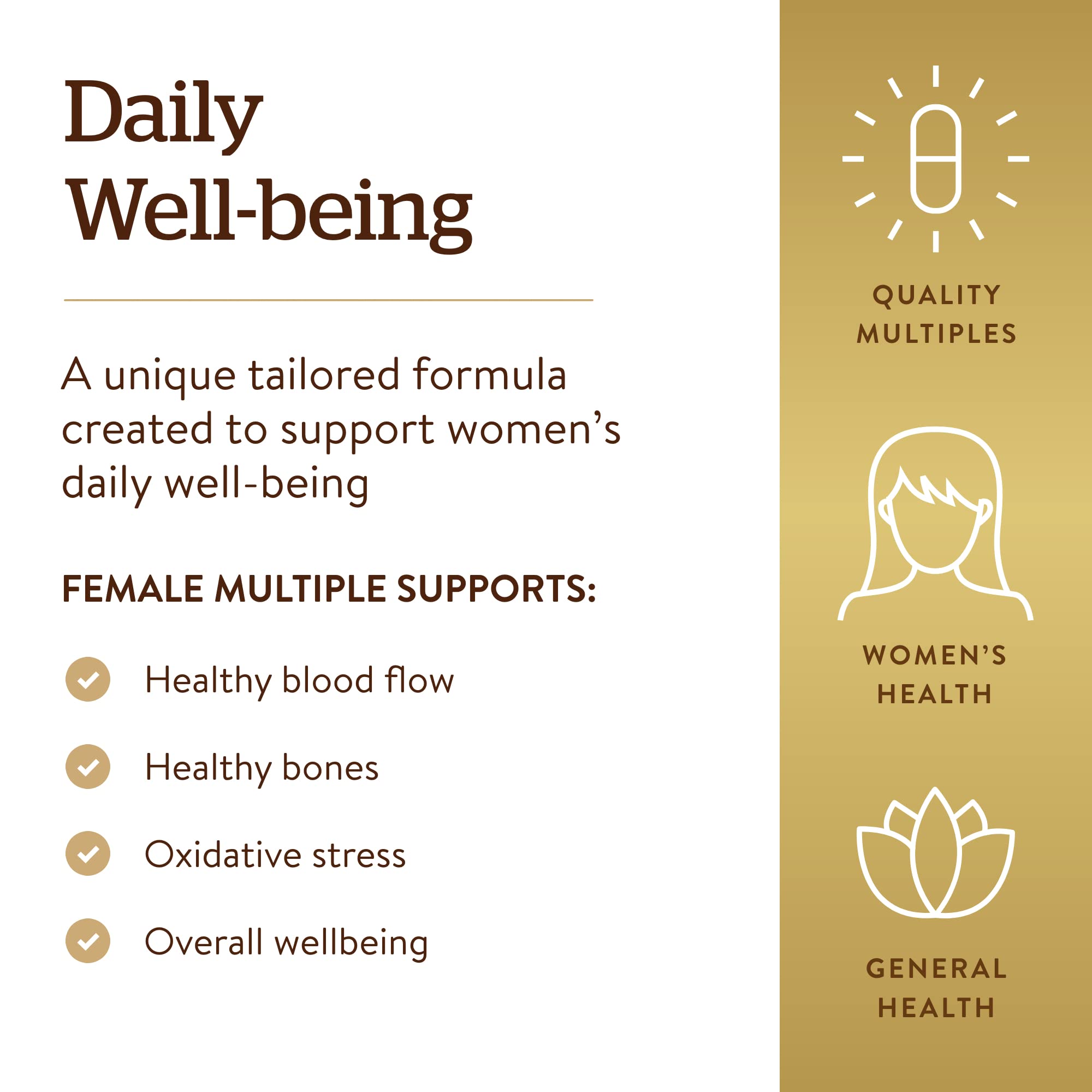 Solgar Multivitaminas para Mujer: cobertura natural sin recubrimientos artificiales.