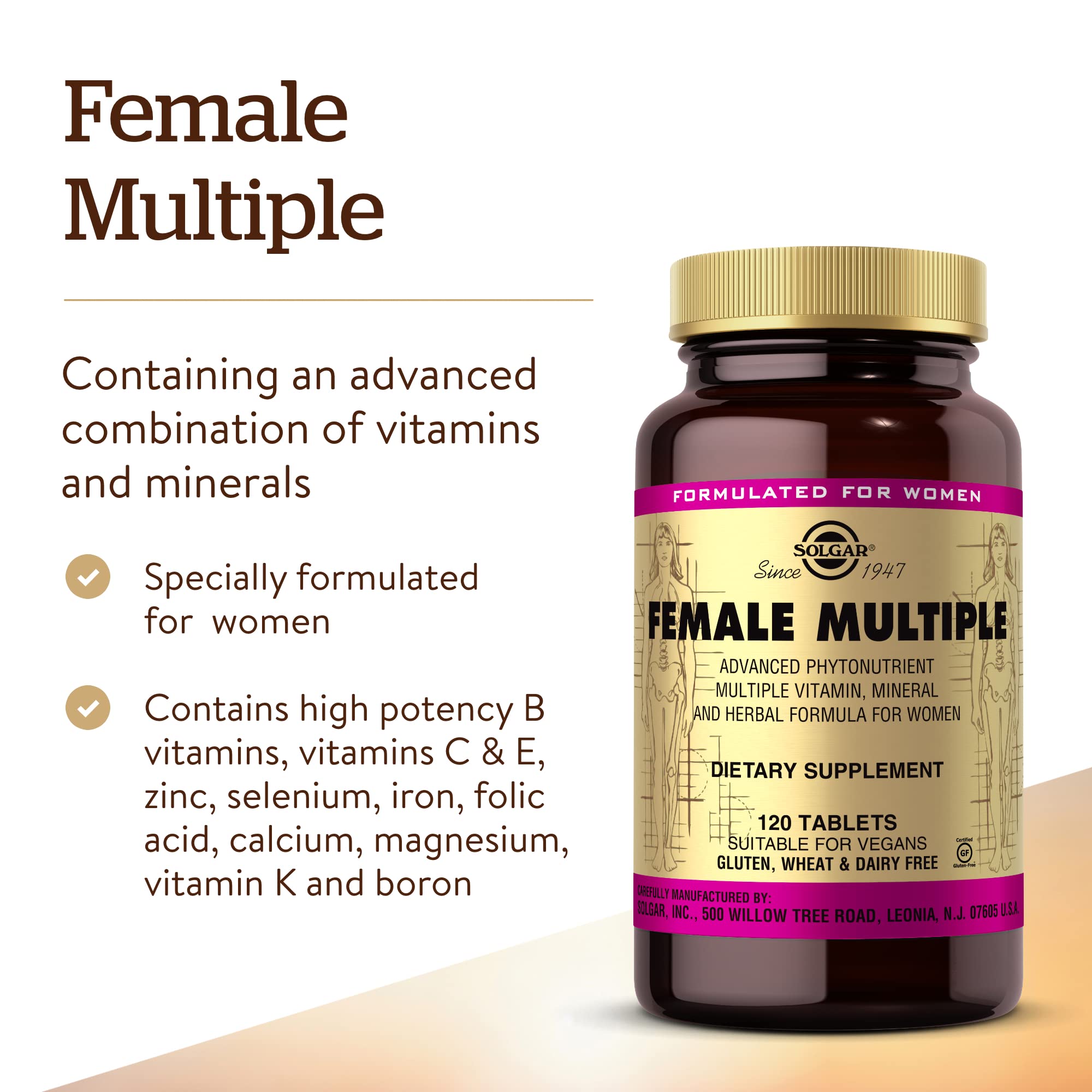 Solgar Multivitaminas para Mujer: etiqueta frontal legible con información del producto.