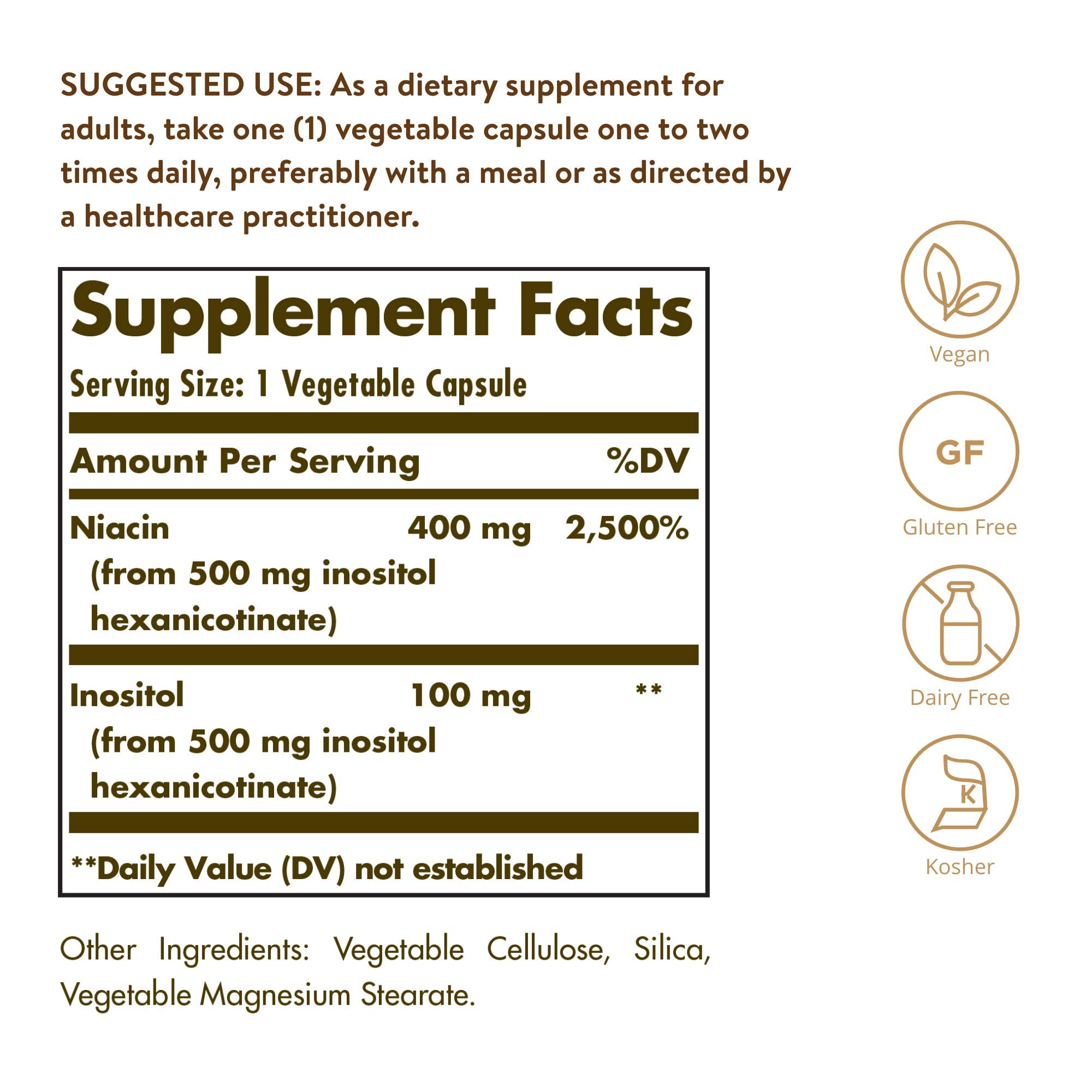 Solgar Niacina 500 mg en cápsulas vegetales, entrega suave sin flush