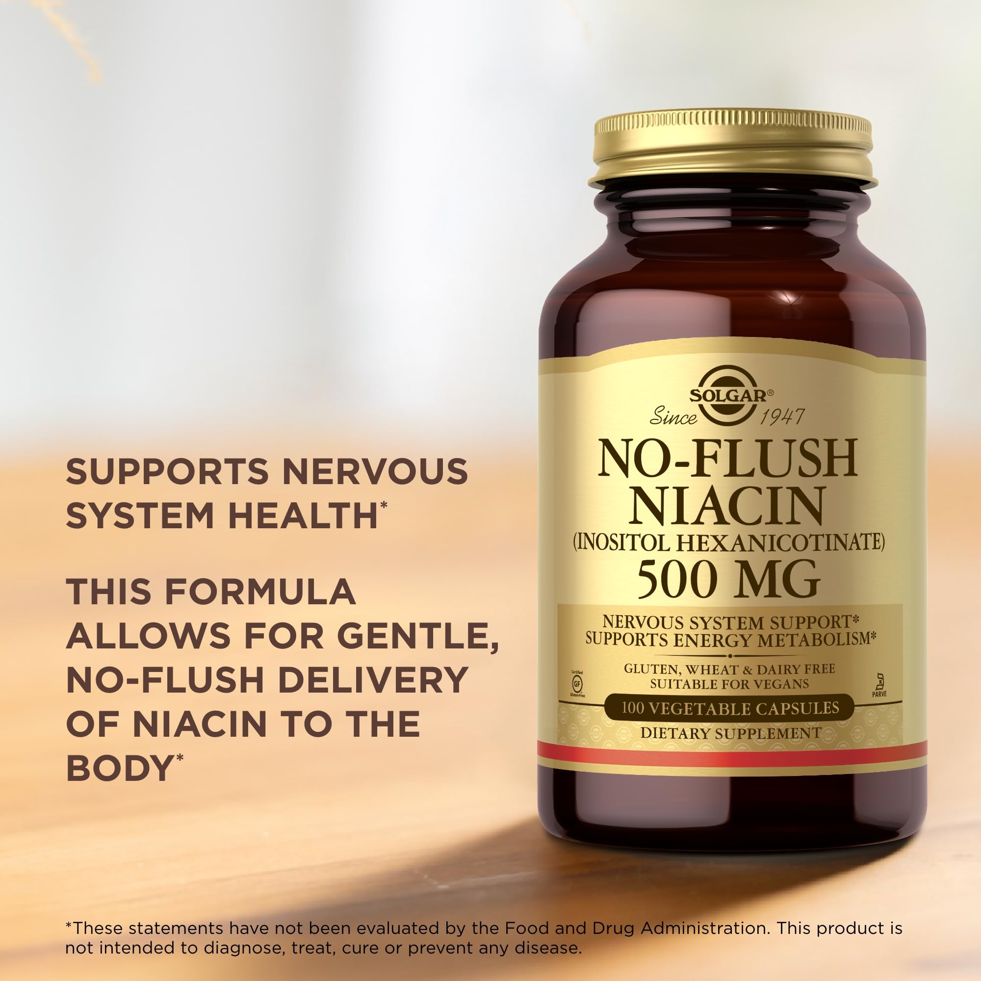 Solgar Niacina sin rubor 500 mg, empaque compacto para viaje