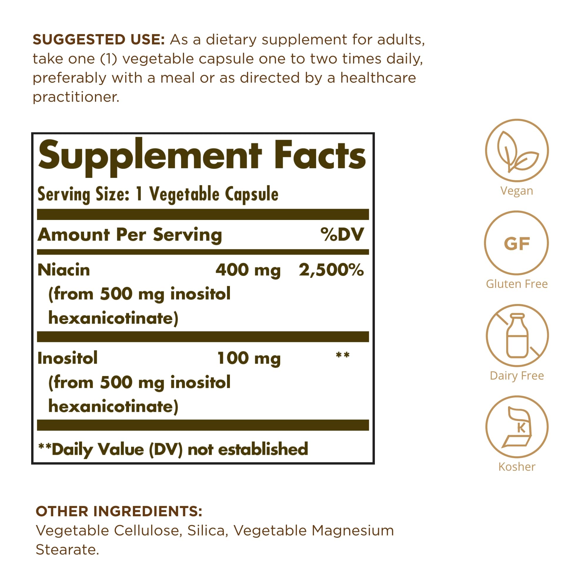 Solgar Niacina sin rubor 500 mg, etiqueta clara para identificar la dosis