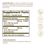 Solgar Niacina sin rubor 500 mg, etiqueta clara para identificar la dosis