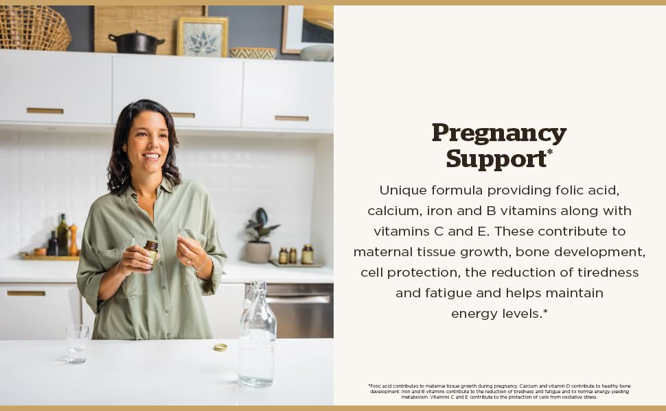 Solgar Nutrientes Prenatales, primer plano de tabletas, dosis diaria conveniente.