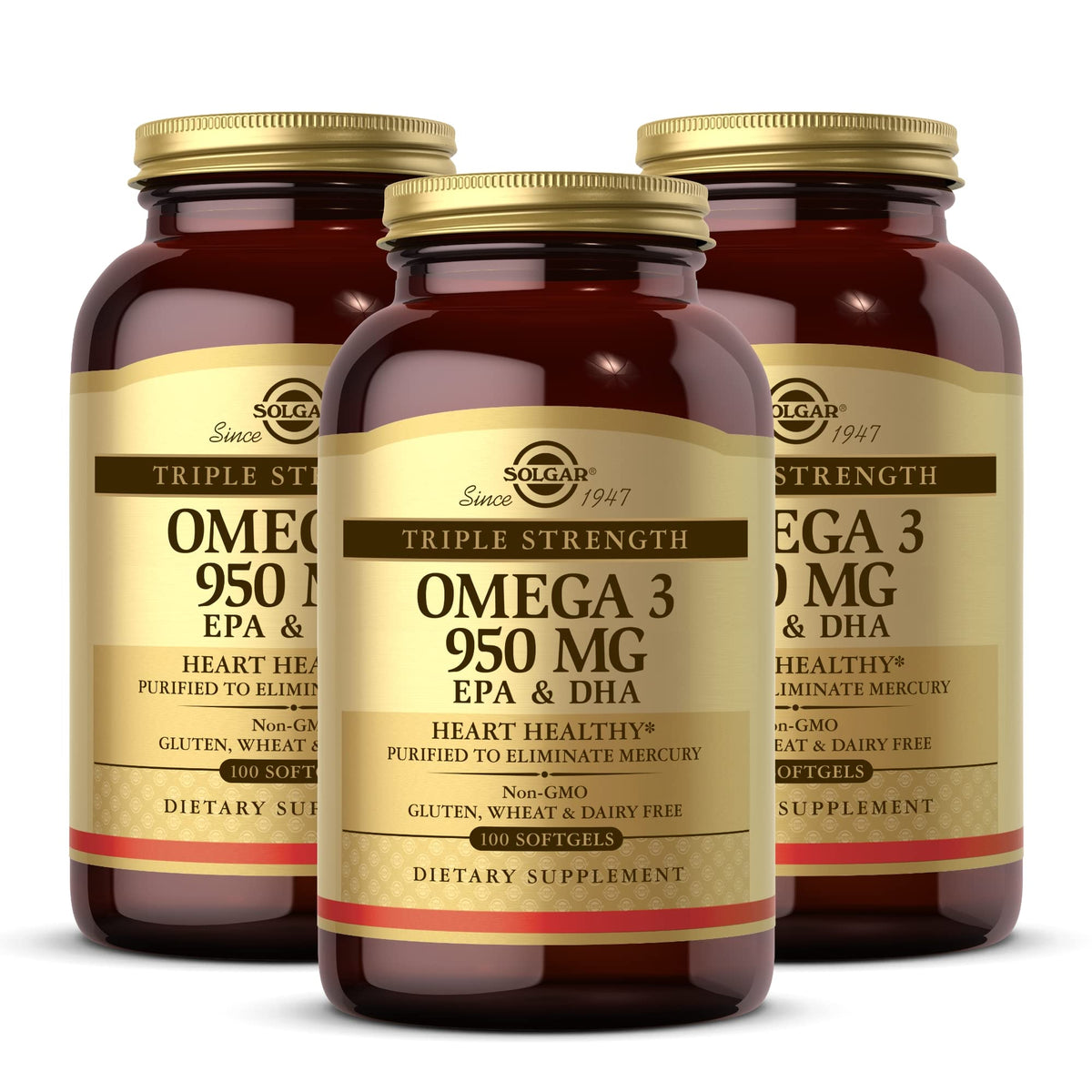 Solgar Omega-3 950 mg, cápsulas blandas en frasco, apoyo diario a articulaciones.