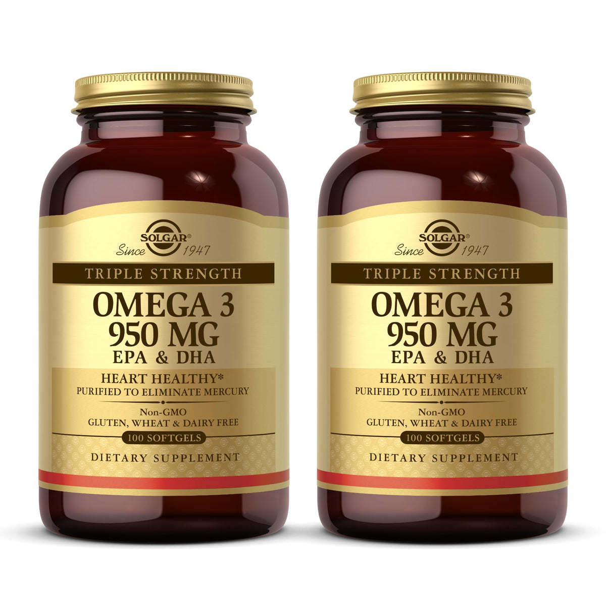 Solgar Omega-3 Triple Strength en cápsulas, botella: apoyo a articulaciones y piel saludable.