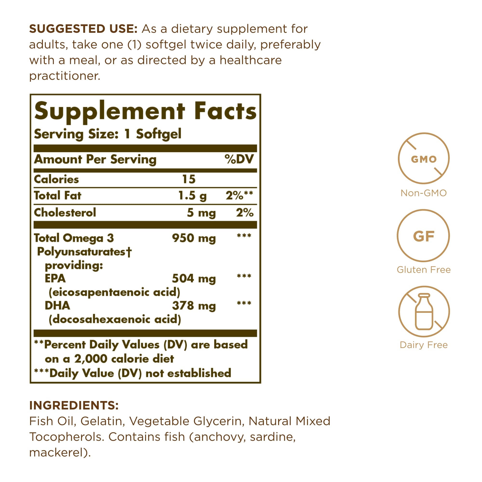 Solgar omega-3 triple strength 950 mg etiqueta del producto, posible beneficio para la piel.