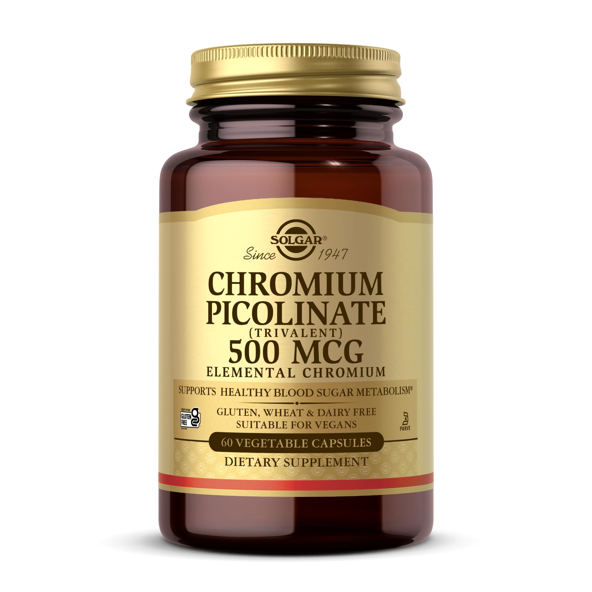 Solgar Picolinato de Cromo 500 mcg, envase de cápsulas vegetales para apoyo metabólico