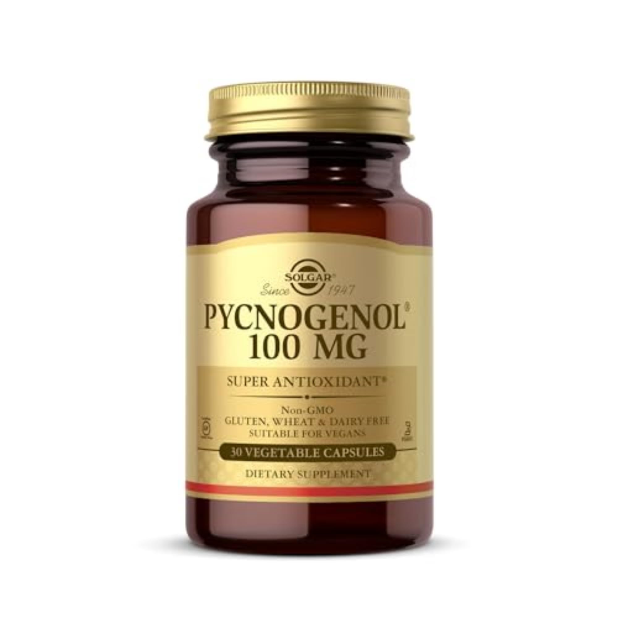 Solgar Pycnogenol, botella de cápsulas vegetales para apoyo vascular diario.