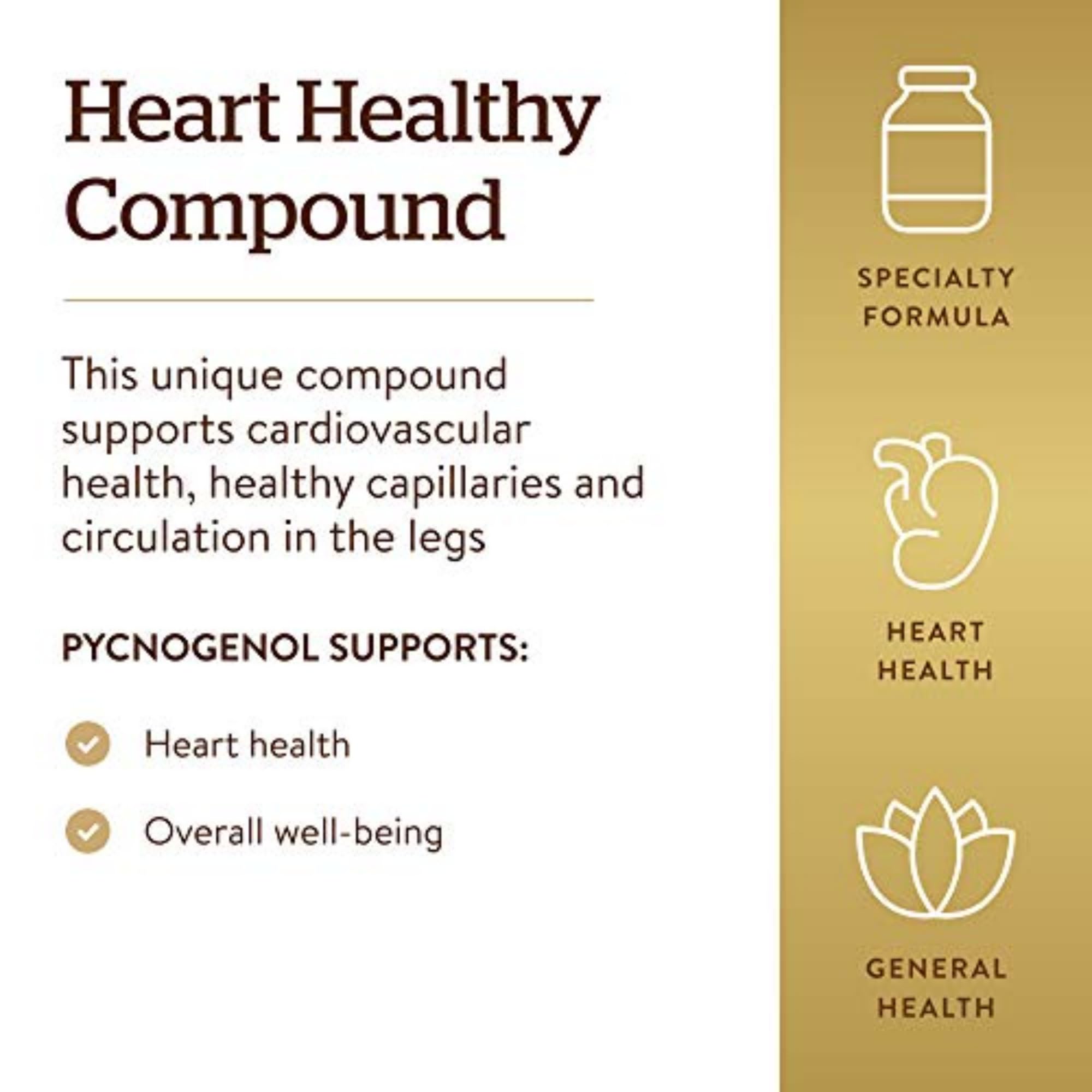 Solgar Pycnogenol, etiqueta con ingredientes y proantocianidinas naturales.