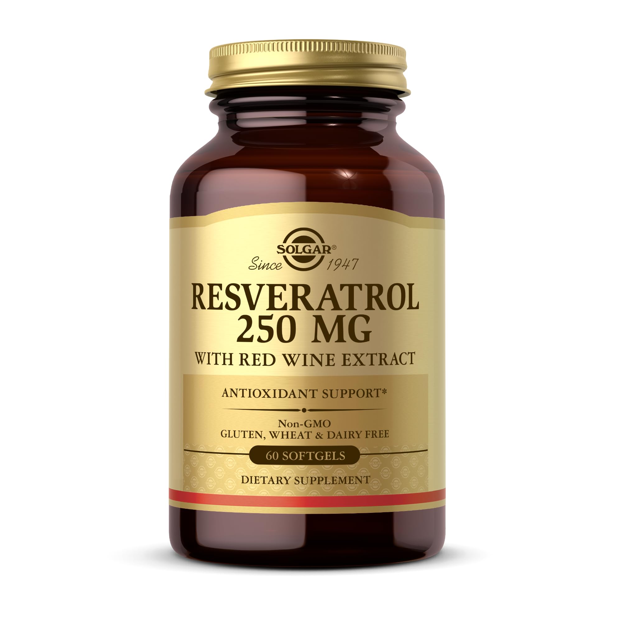 Solgar Resveratrol 250 mg cápsulas blandas en botella, uso diario.