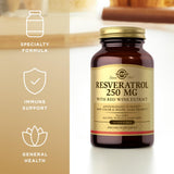 Etiqueta nutricional de Solgar Resveratrol 250 mg, sin gluten.