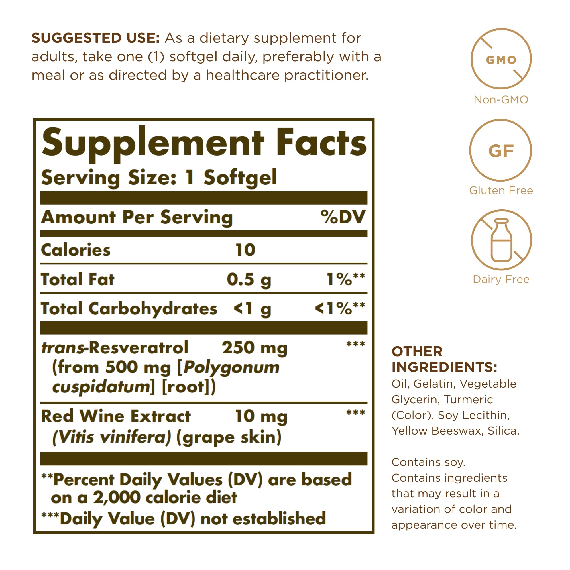 Solgar Resveratrol 250 mg con extracto de vino tinto, etiqueta visible.