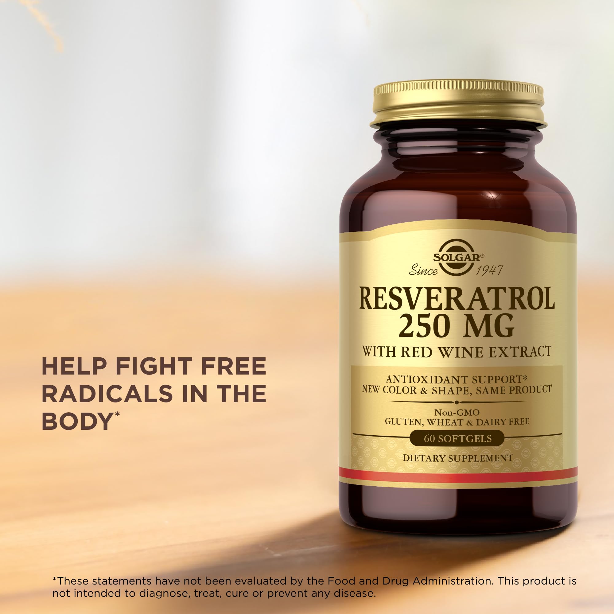 Solgar Resveratrol 250 mg, sin gluten y sin alérgenos.