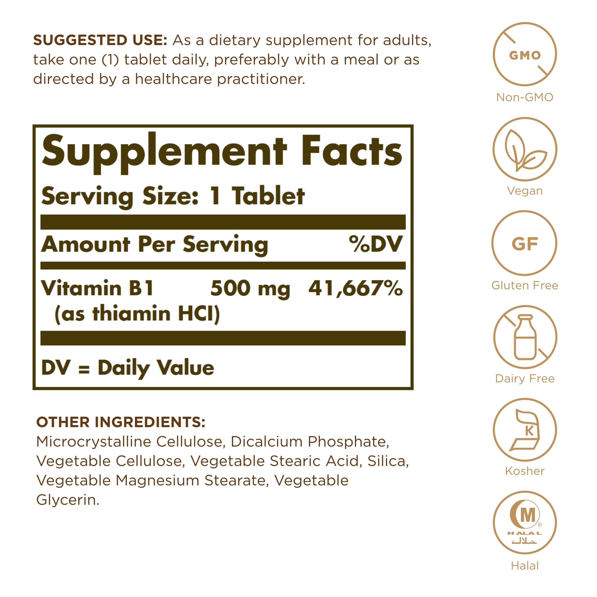 Solgar tiamina etiqueta 500 mg, frasco visible, fórmula libre de OGM para bienestar