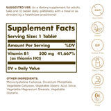 Solgar tiamina etiqueta 500 mg, frasco visible, fórmula libre de OGM para bienestar