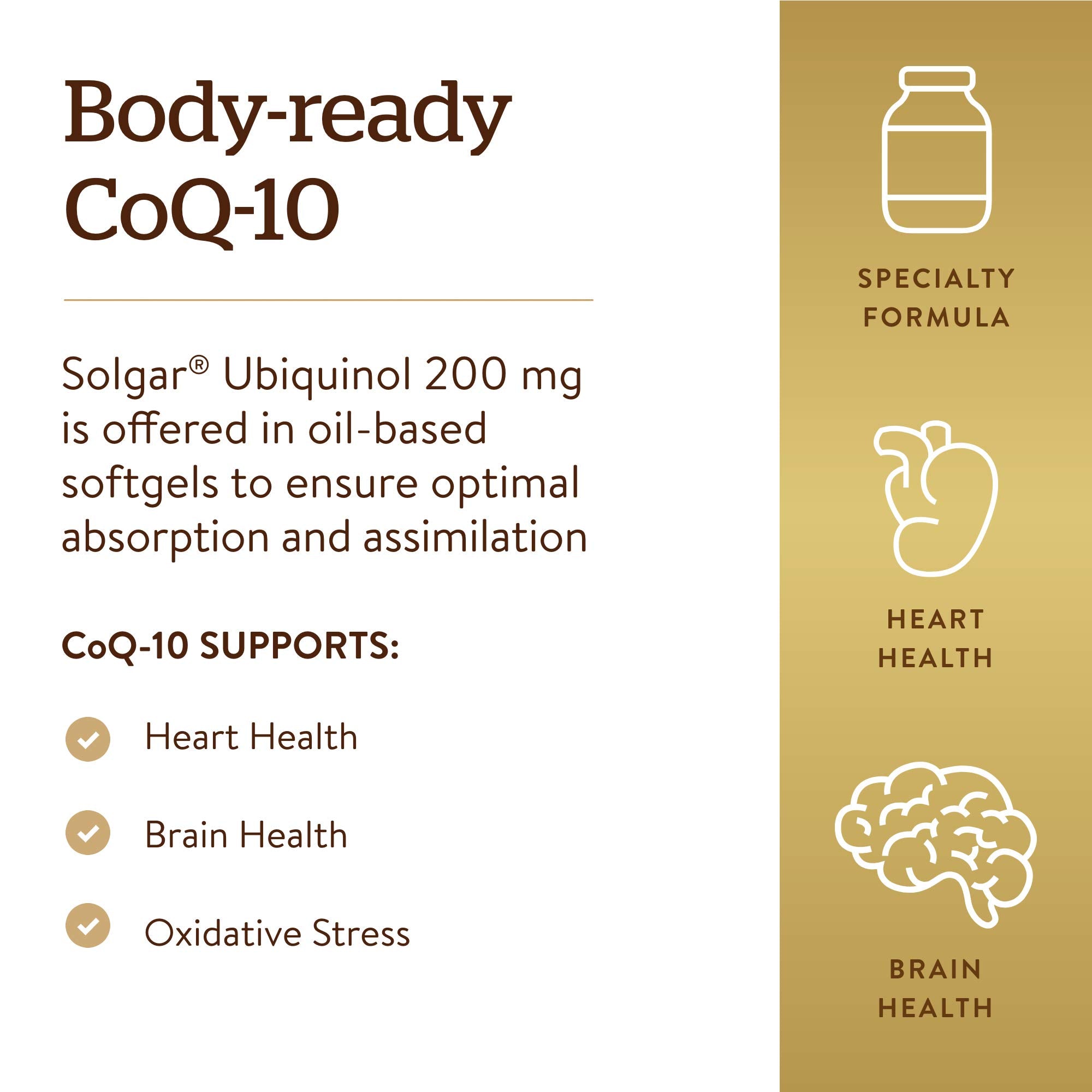Solgar Ubiquinol 100 mg: cápsulas en base oleosa para mejor absorción.